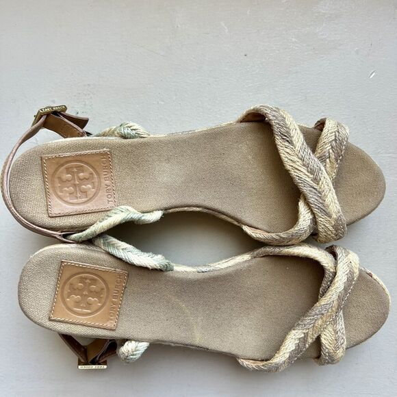 Tory Burch Camelia Tan Taupe Blended Jute Espadrille Wedge Sandal Ankle Strap 10 - Picture 6 of 16